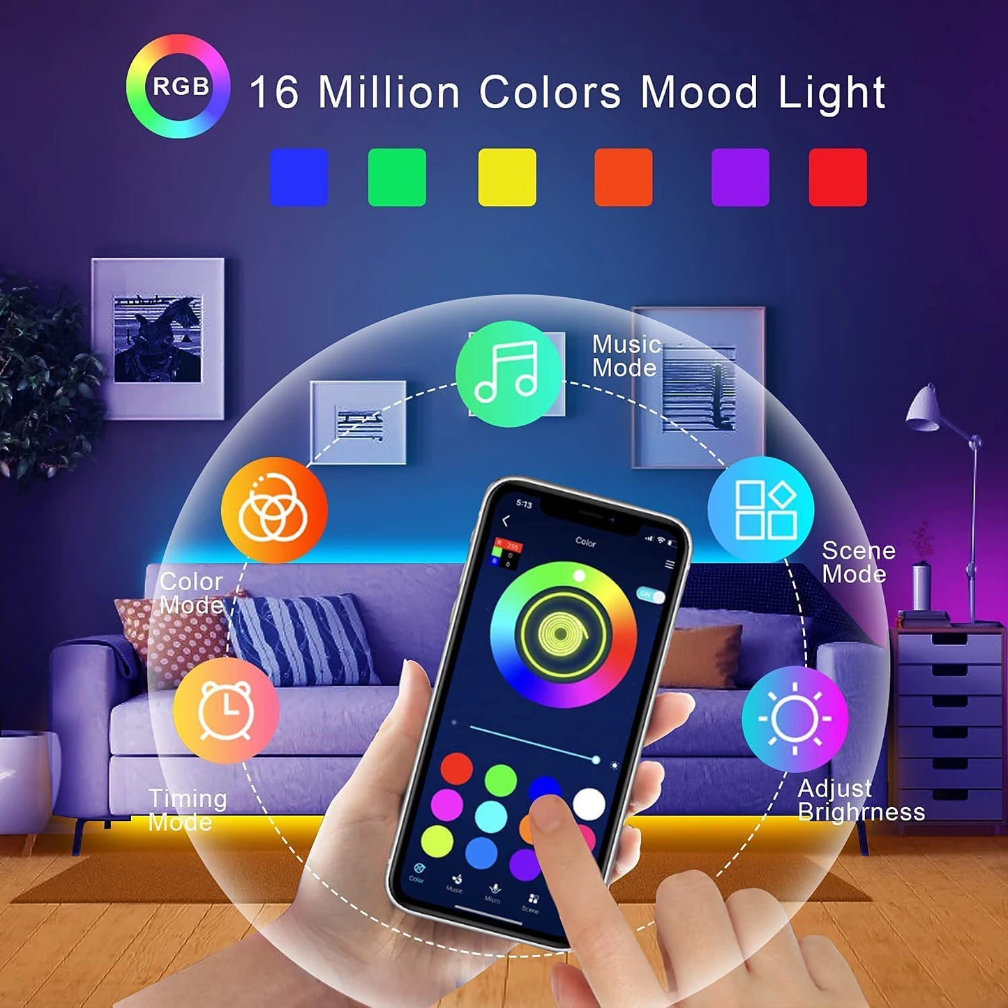 RGB LED Strip Lights with App and Remote Control – 0.5m to 30m Flexible Light Tape for Bedroom, Living Room, and Home Decoration