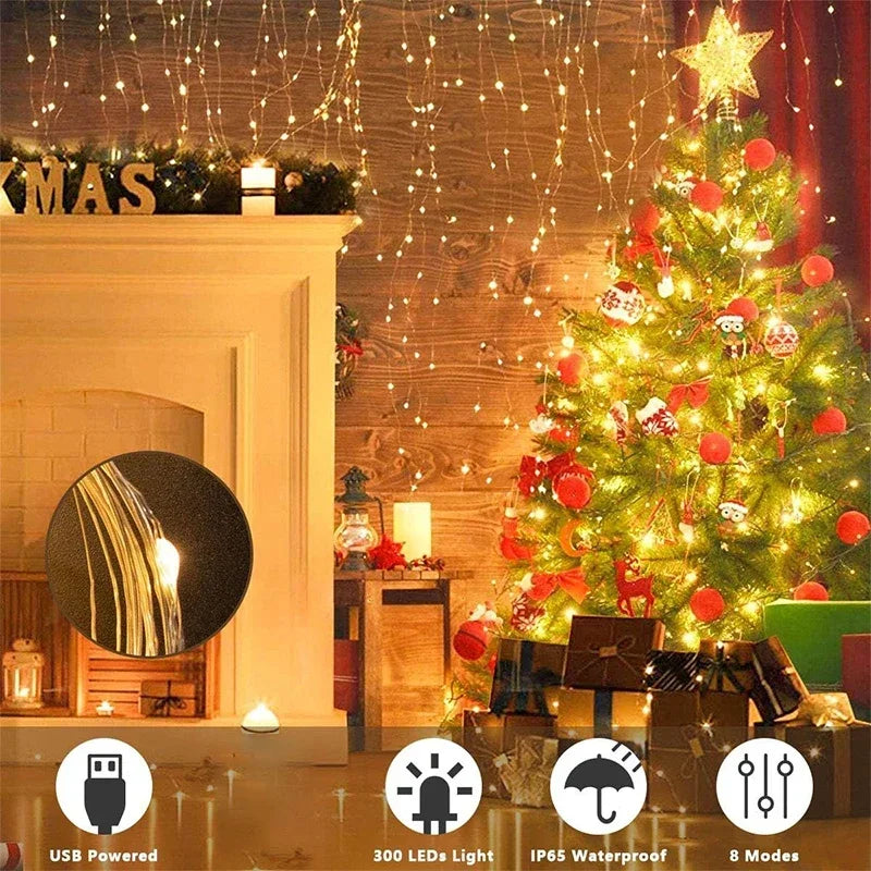 3M LED Curtain Fairy String Lights – 8 Modes USB Powered Waterproof Garland for Christmas, Wedding & Home Decoration
