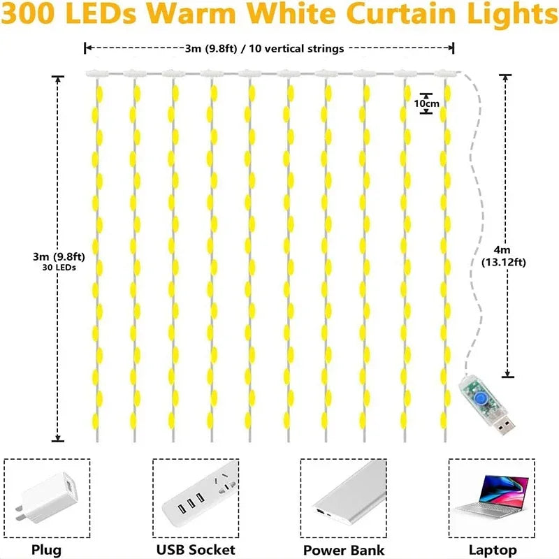 3M LED Curtain Fairy String Lights – 8 Modes USB Powered Waterproof Garland for Christmas, Wedding & Home Decoration