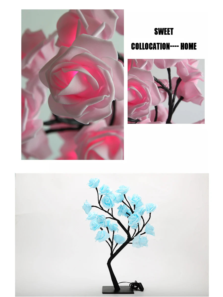 24 LED Rose Tree Light – USB Powered Fairy Flower Lamp for Bedroom, Home, Wedding, and Holiday Decoration