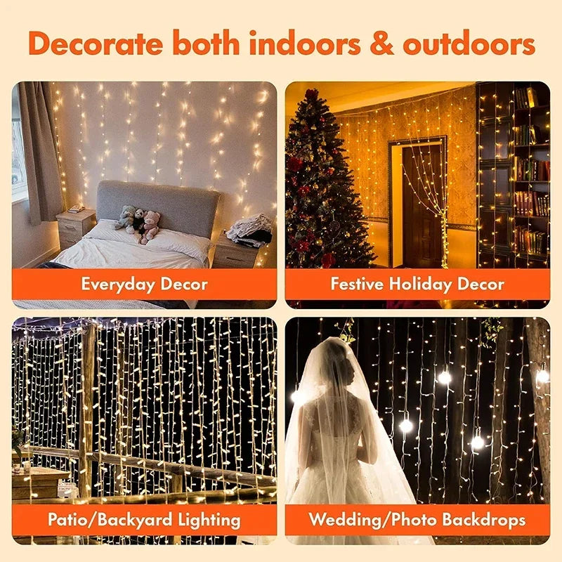 3M LED Curtain Fairy String Lights – 8 Modes USB Powered Waterproof Garland for Christmas, Wedding & Home Decoration