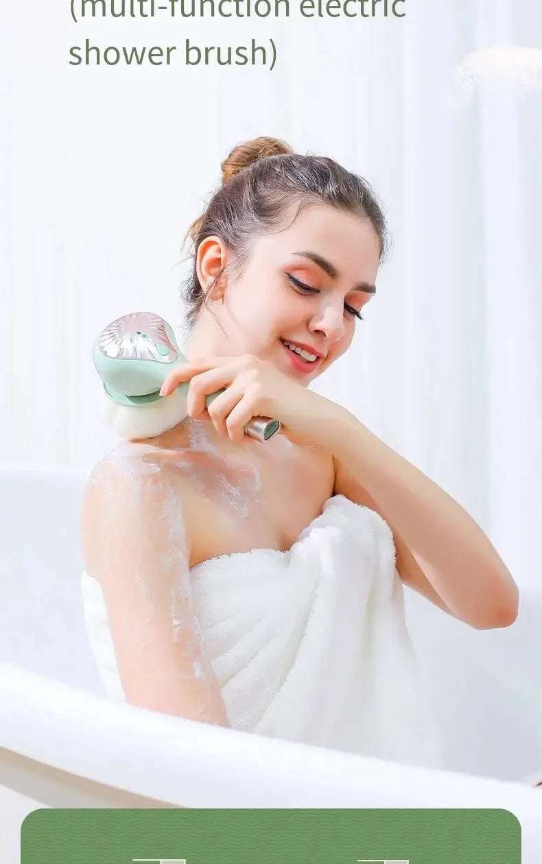 6-in-1 Electric Silicone Bath Brush – USB Rechargeable Rotating Body & Back Scrubber with 6 Interchangeable Heads and 2 Speeds
