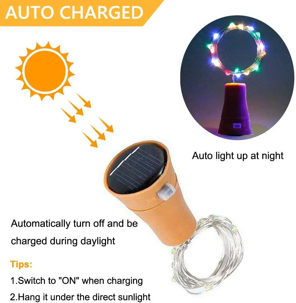 Solar Wine Bottle Fairy Lights – 10 LED Copper Wire String Lights with Cork Design for Christmas, Weddings & Home Décor