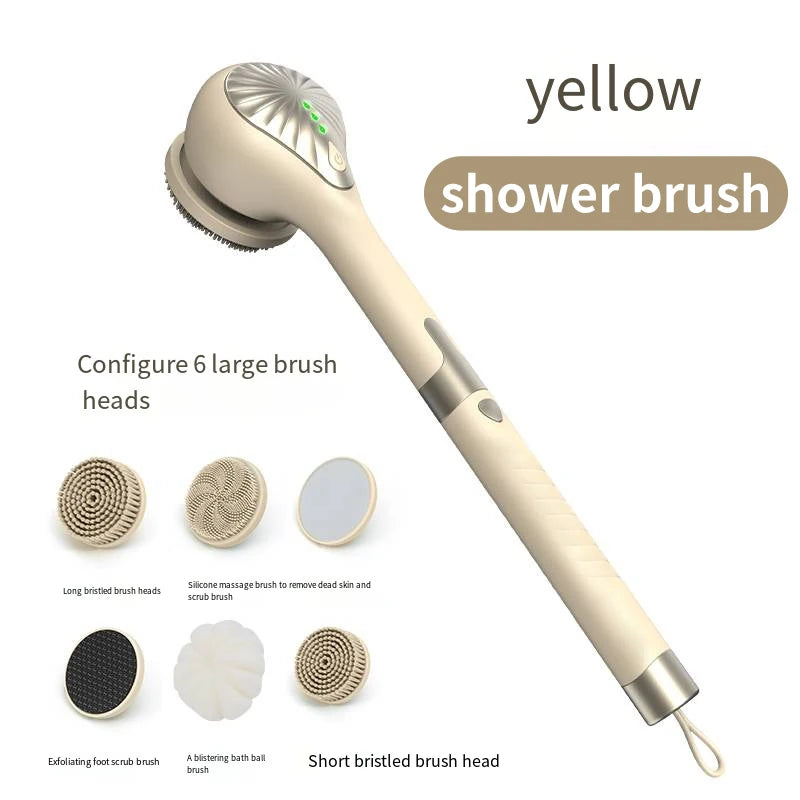 6-in-1 Electric Silicone Bath Brush – USB Rechargeable Rotating Body & Back Scrubber with 6 Interchangeable Heads and 2 Speeds