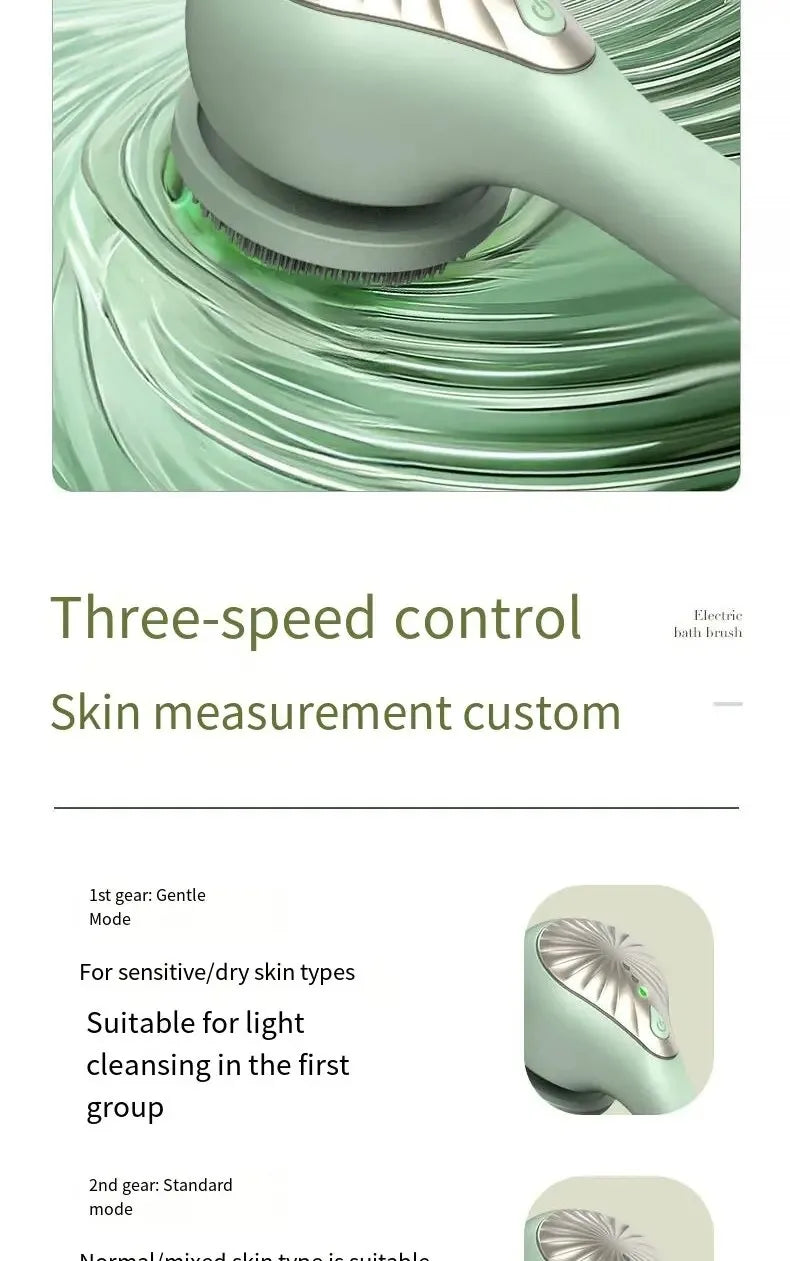 6-in-1 Electric Silicone Bath Brush – USB Rechargeable Rotating Body & Back Scrubber with 6 Interchangeable Heads and 2 Speeds