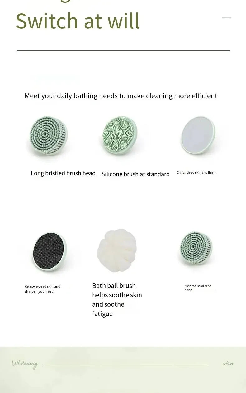 6-in-1 Electric Silicone Bath Brush – USB Rechargeable Rotating Body & Back Scrubber with 6 Interchangeable Heads and 2 Speeds