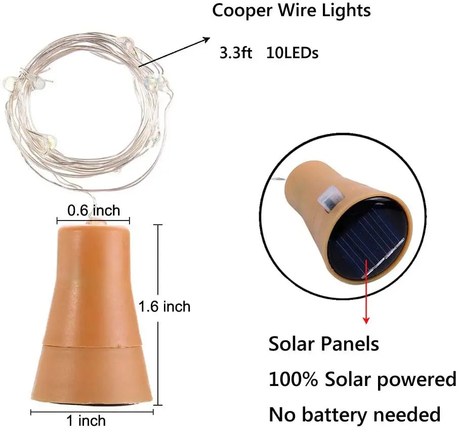 Solar Wine Bottle Fairy Lights – 10 LED Copper Wire String Lights with Cork Design for Christmas, Weddings & Home Décor