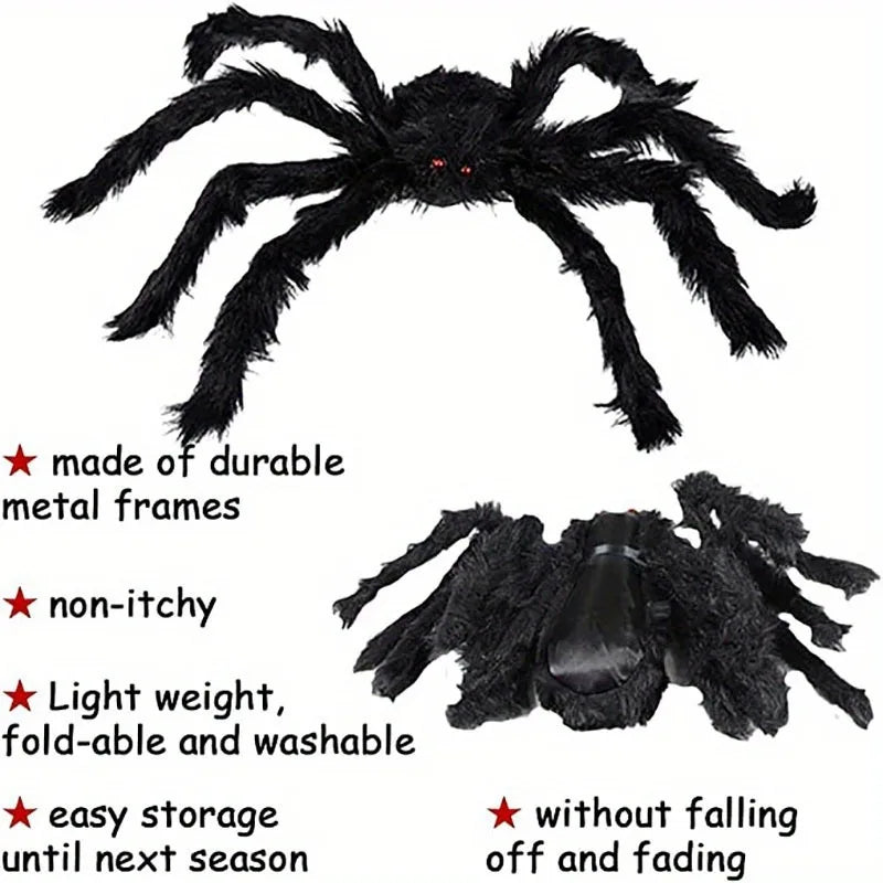 Giant Black Spider Halloween Decoration – Realistic Hairy Spider Prop for Indoor & Outdoor Haunted House and Party Decor (30–200cm)