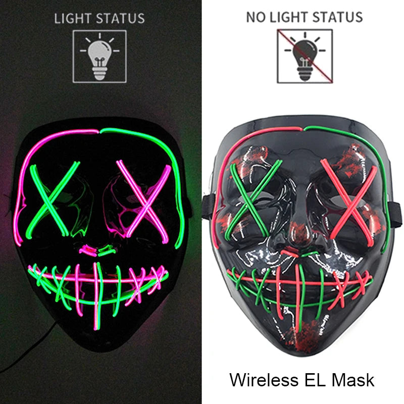 Wireless Neon LED Purge Mask – Glow in the Dark Horror Cosplay Mask for Halloween and Party Dress-Up
