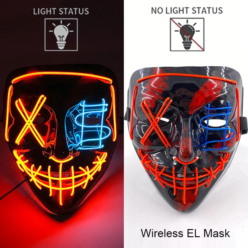 Wireless Neon LED Purge Mask – Glow in the Dark Horror Cosplay Mask for Halloween and Party Dress-Up