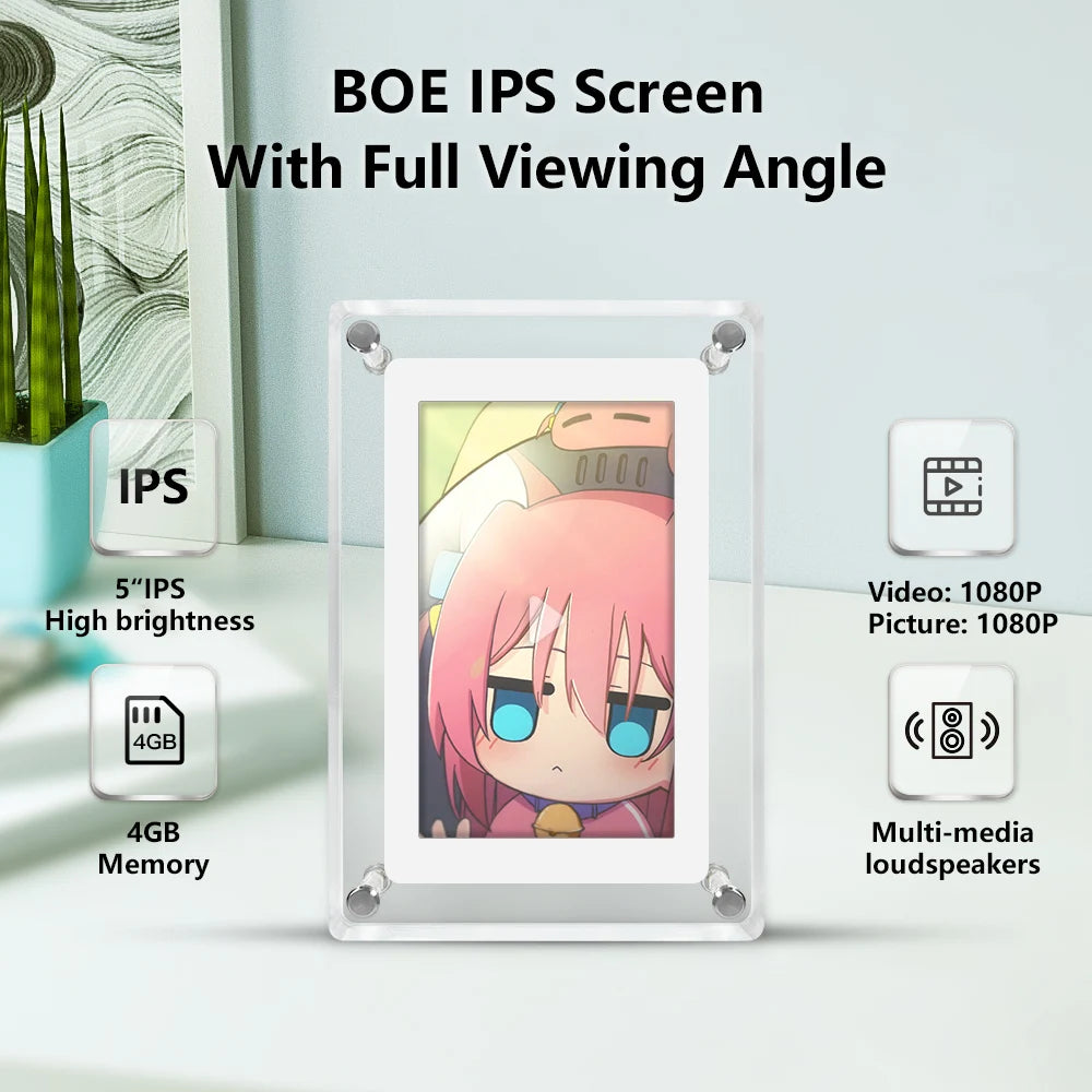 Acrylic Digital Photo Frame – 5 Inch IPS Display, Built-In Battery, 4GB Memory | Portable Digital Picture Frame