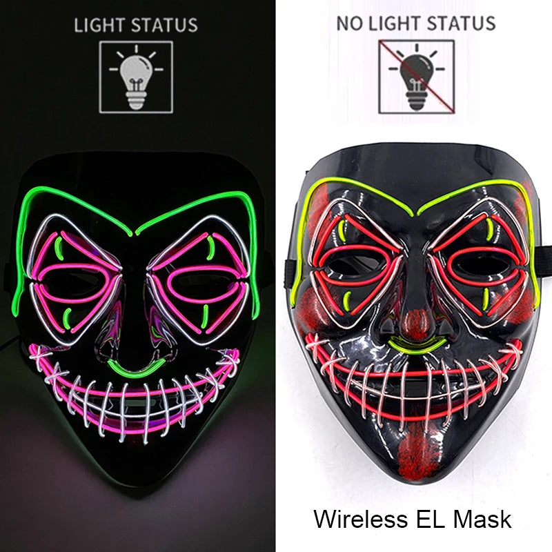 Wireless Neon LED Purge Mask – Glow in the Dark Horror Cosplay Mask for Halloween and Party Dress-Up