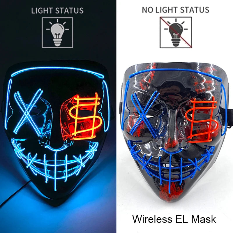 Wireless Neon LED Purge Mask – Glow in the Dark Horror Cosplay Mask for Halloween and Party Dress-Up