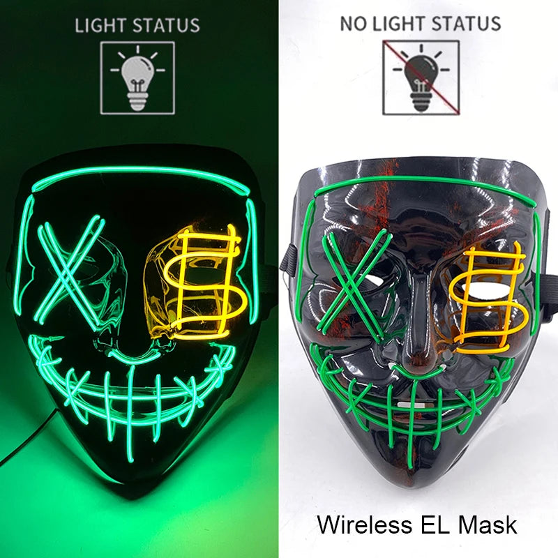 Wireless Neon LED Purge Mask – Glow in the Dark Horror Cosplay Mask for Halloween and Party Dress-Up