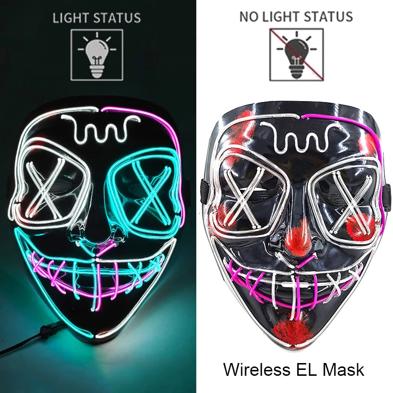Wireless Neon LED Purge Mask – Glow in the Dark Horror Cosplay Mask for Halloween and Party Dress-Up
