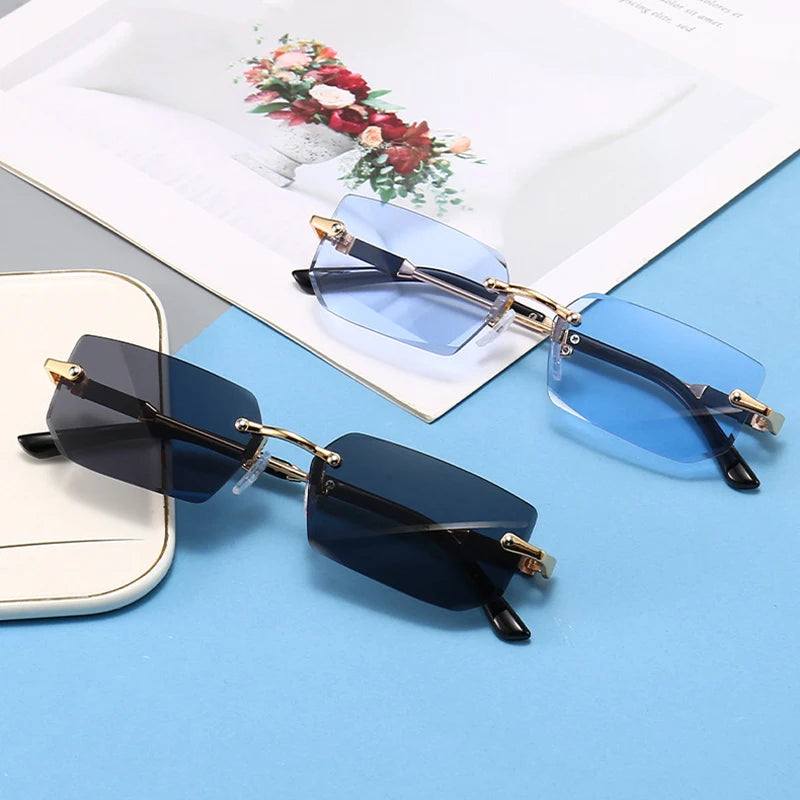 Rimless Rectangle Sunglasses – Trendy Unisex Small Square Shades for Men & Women, UV Protection Fashion Eyewear for Summer Travel