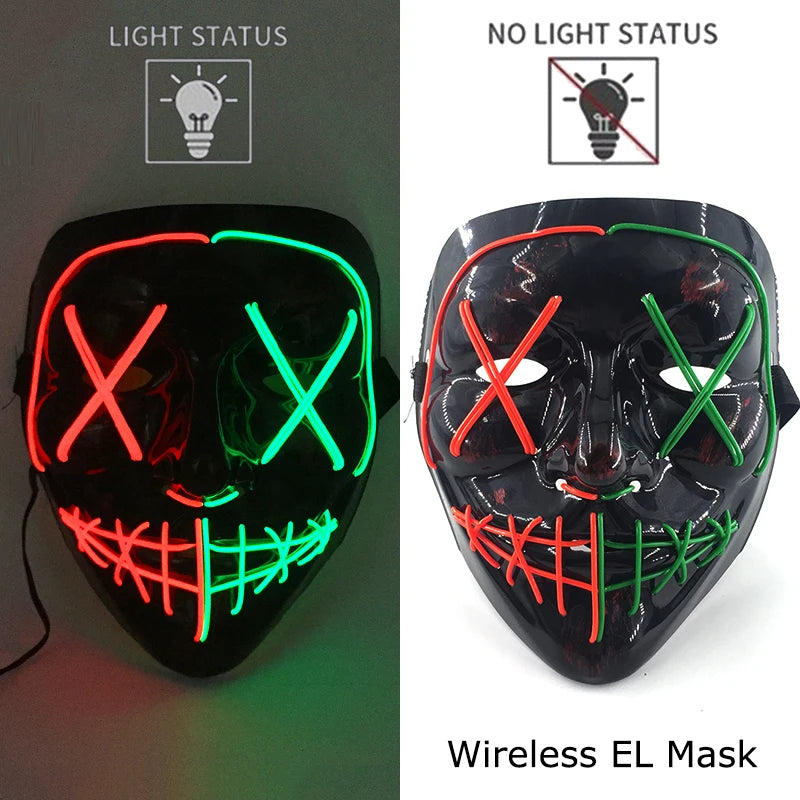 Wireless Neon LED Purge Mask – Glow in the Dark Horror Cosplay Mask for Halloween and Party Dress-Up