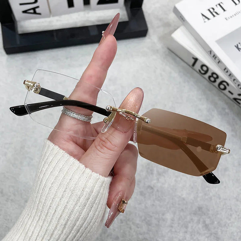 Rimless Rectangle Sunglasses – Trendy Unisex Small Square Shades for Men & Women, UV Protection Fashion Eyewear for Summer Travel