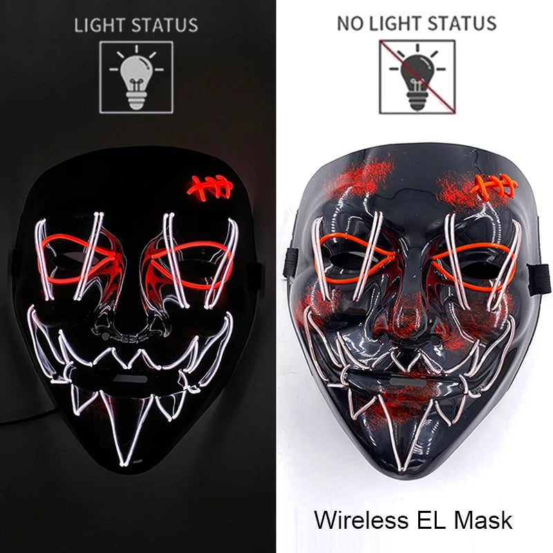 Wireless Neon LED Purge Mask – Glow in the Dark Horror Cosplay Mask for Halloween and Party Dress-Up