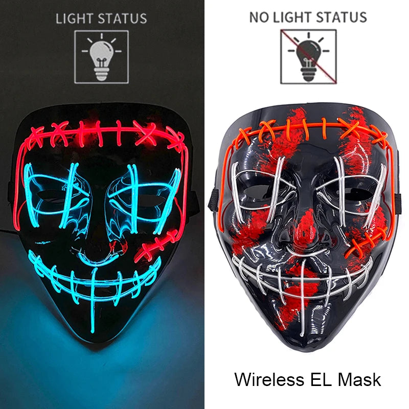 Wireless Neon LED Purge Mask – Glow in the Dark Horror Cosplay Mask for Halloween and Party Dress-Up