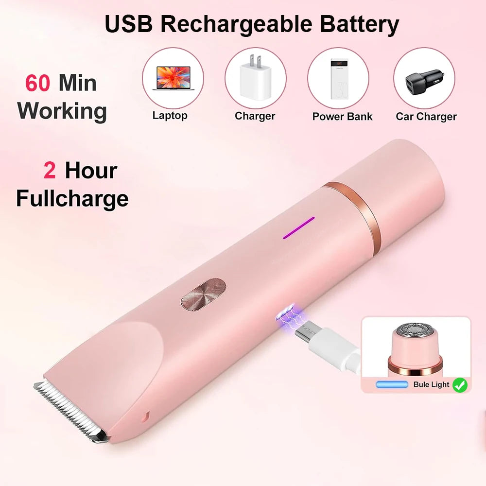 2-in-1 Electric Razor for Women – Painless Bikini Trimmer and Facial Hair Shaver | Waterproof, Portable Hair Remover for Body and Face