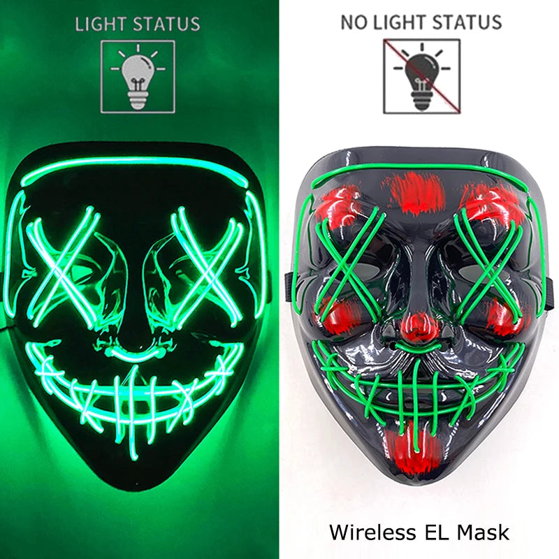 Wireless Neon LED Purge Mask – Glow in the Dark Horror Cosplay Mask for Halloween and Party Dress-Up
