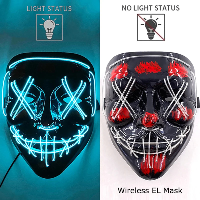 Wireless Neon LED Purge Mask – Glow in the Dark Horror Cosplay Mask for Halloween and Party Dress-Up