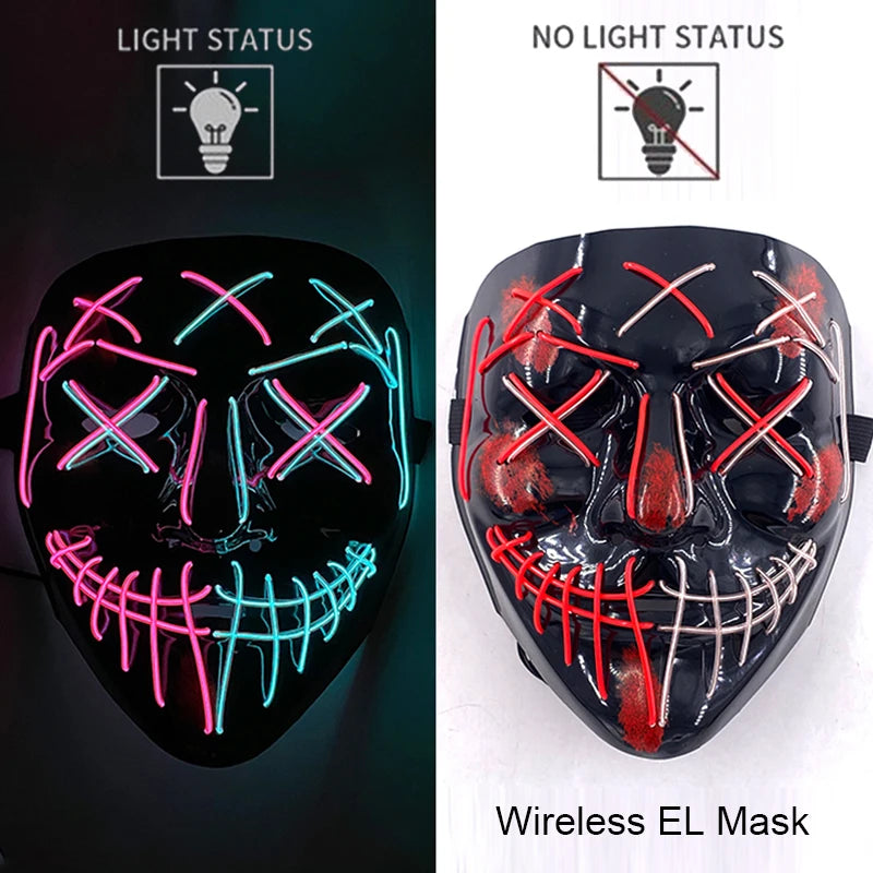 Wireless Neon LED Purge Mask – Glow in the Dark Horror Cosplay Mask for Halloween and Party Dress-Up