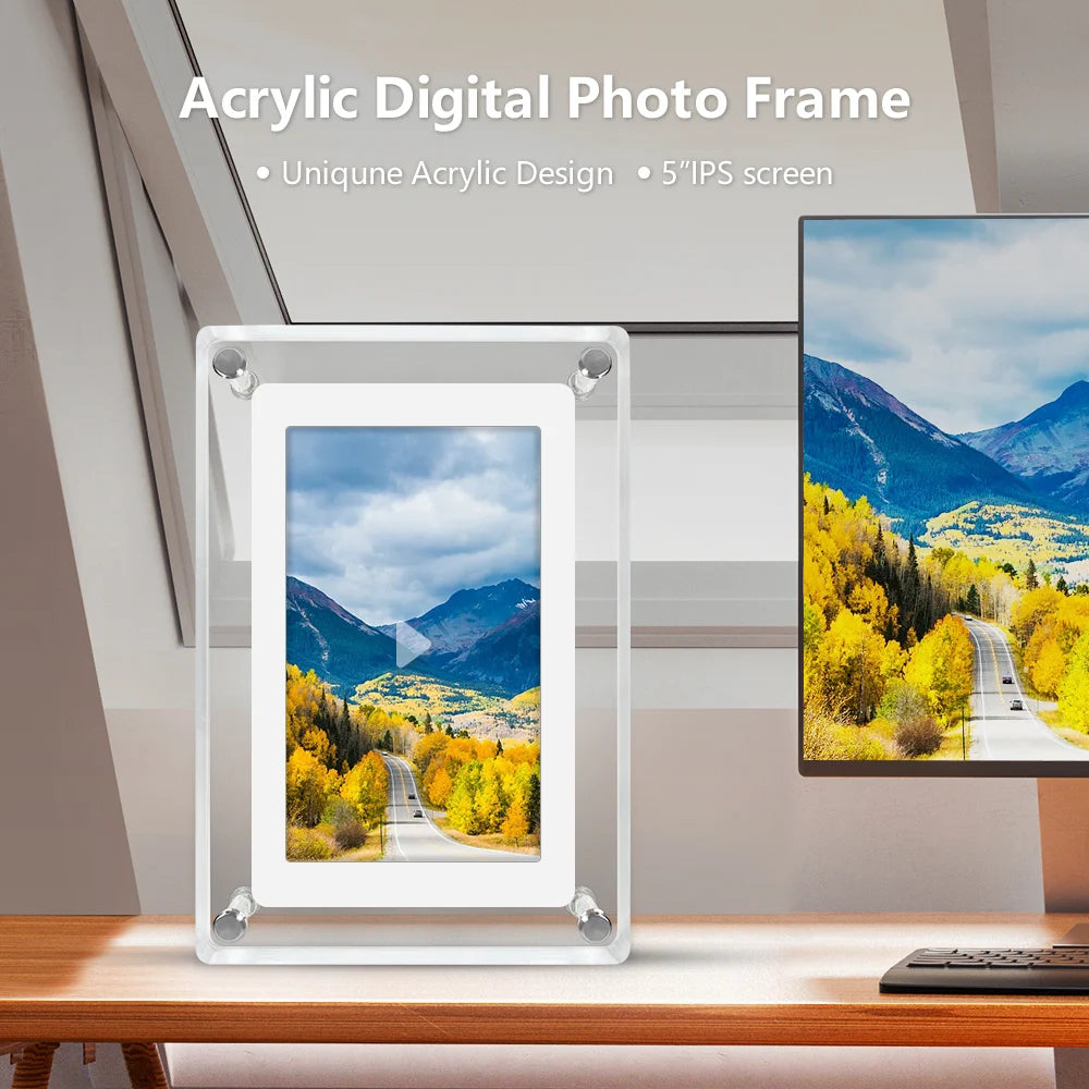 Acrylic Digital Photo Frame – 5 Inch IPS Display, Built-In Battery, 4GB Memory | Portable Digital Picture Frame