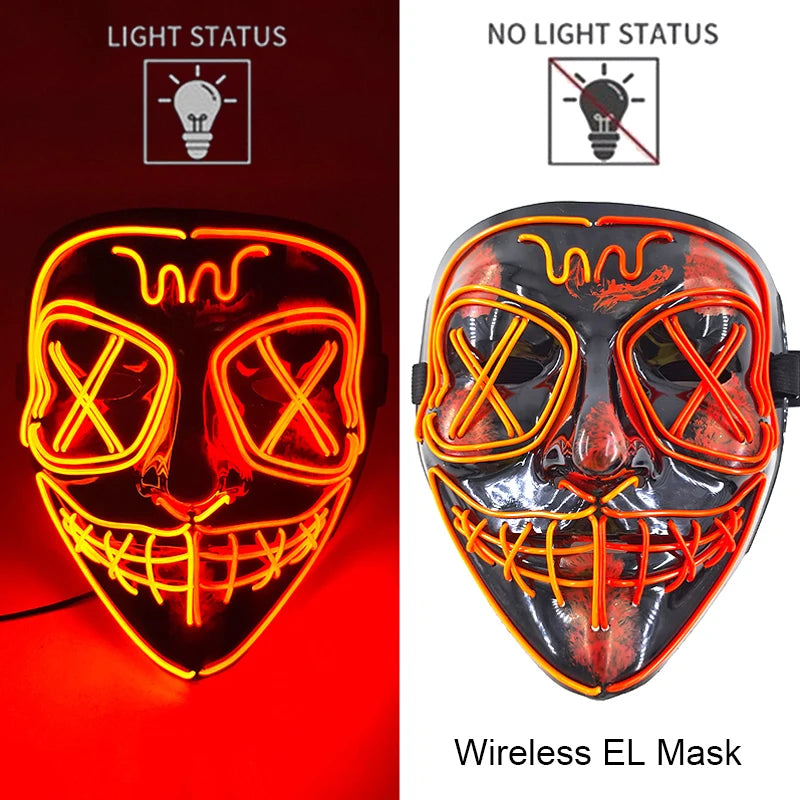 Wireless Neon LED Purge Mask – Glow in the Dark Horror Cosplay Mask for Halloween and Party Dress-Up