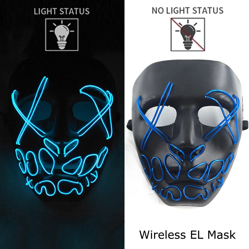 Wireless Neon LED Purge Mask – Glow in the Dark Horror Cosplay Mask for Halloween and Party Dress-Up