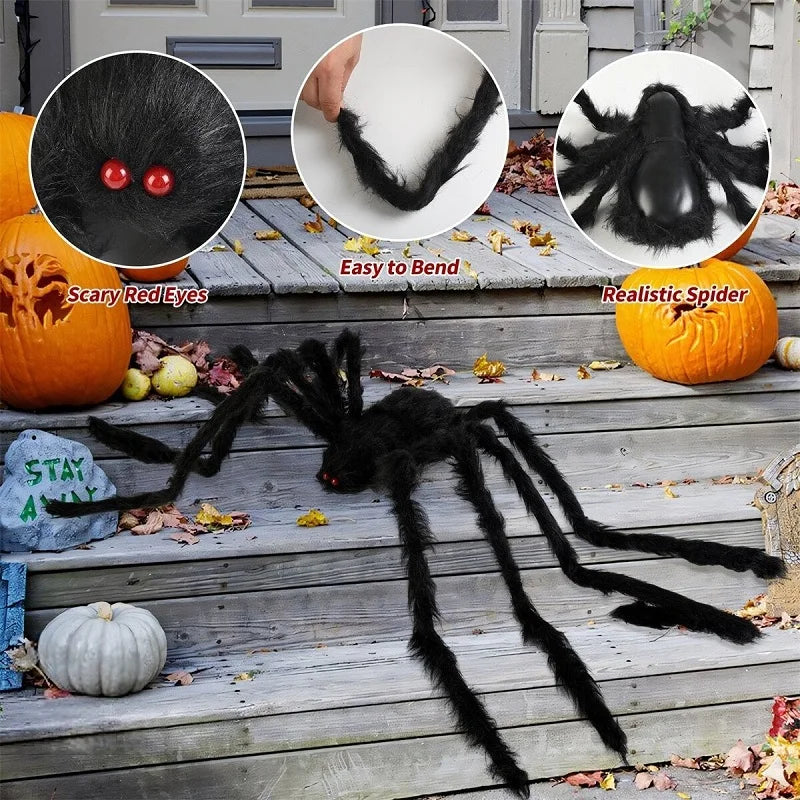Giant Black Spider Halloween Decoration – Realistic Hairy Spider Prop for Indoor & Outdoor Haunted House and Party Decor (30–200cm)