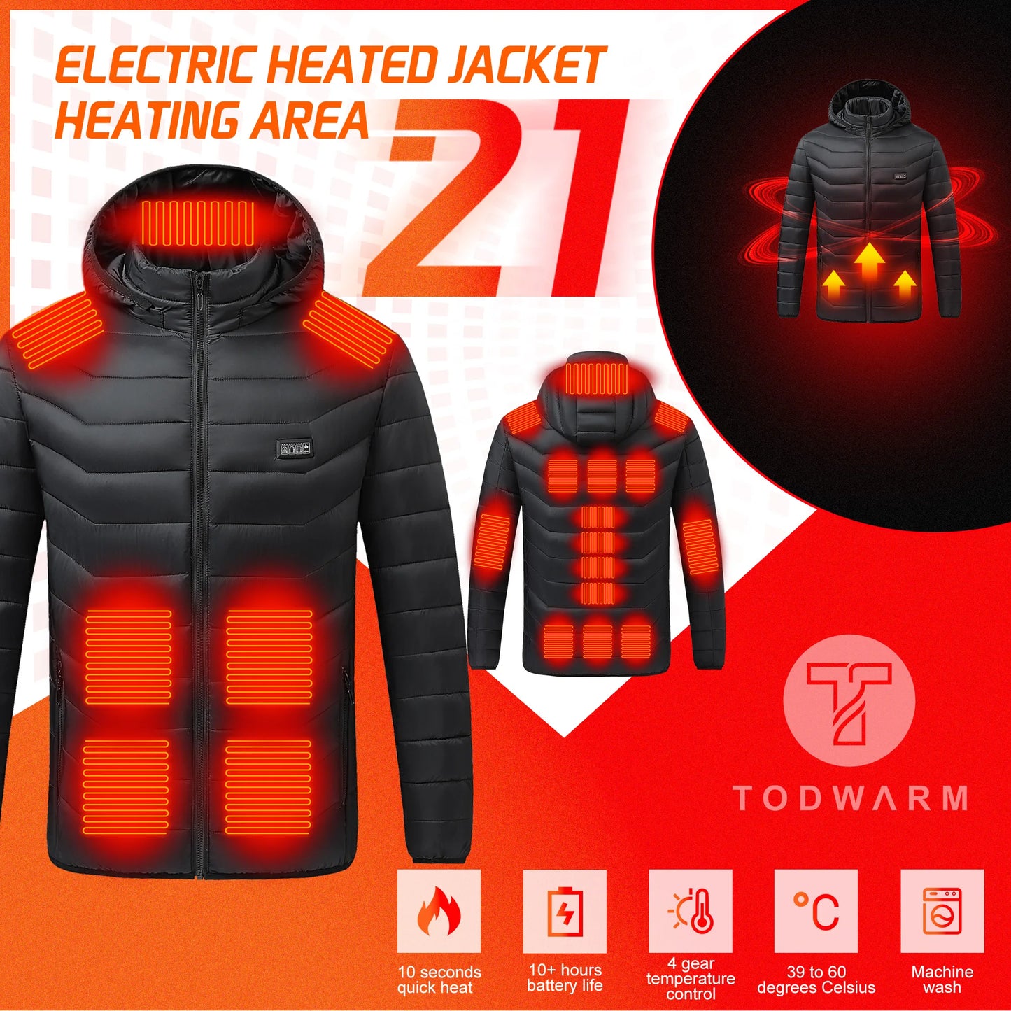 TODWARM 21-Zone Heated Jacket – USB Electric Heating Motorcycle and Winter Jacket for Men and Women | Thermal Graphene Coat