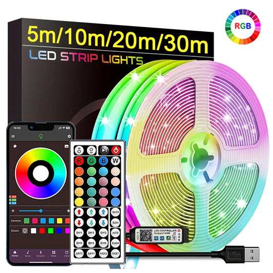 RGB LED Strip Lights with App and Remote Control – 0.5m to 30m Flexible Light Tape for Bedroom, Living Room, and Home Decoration