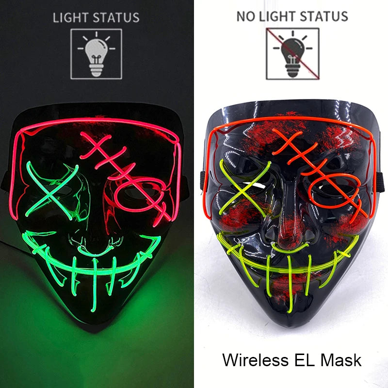 Wireless Neon LED Purge Mask – Glow in the Dark Horror Cosplay Mask for Halloween and Party Dress-Up