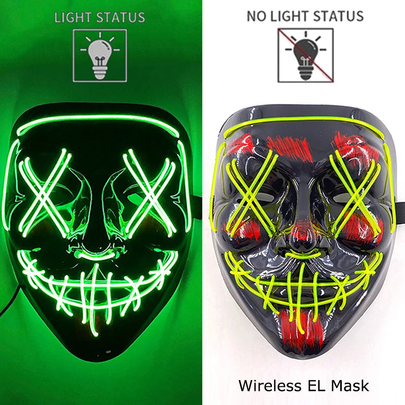 Wireless Neon LED Purge Mask – Glow in the Dark Horror Cosplay Mask for Halloween and Party Dress-Up
