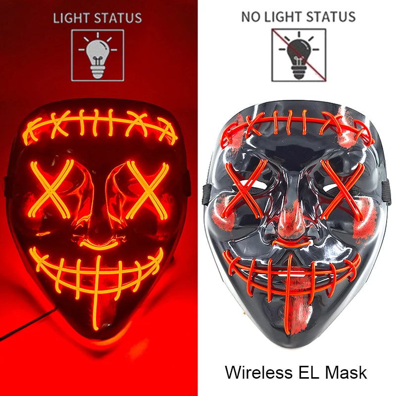 Wireless Neon LED Purge Mask – Glow in the Dark Horror Cosplay Mask for Halloween and Party Dress-Up