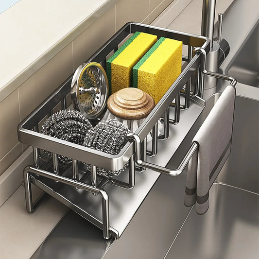 Stainless Steel Sink Organizer with Multi-Layer Drain Rack – Soap, Sponge, and Dishcloth Holder