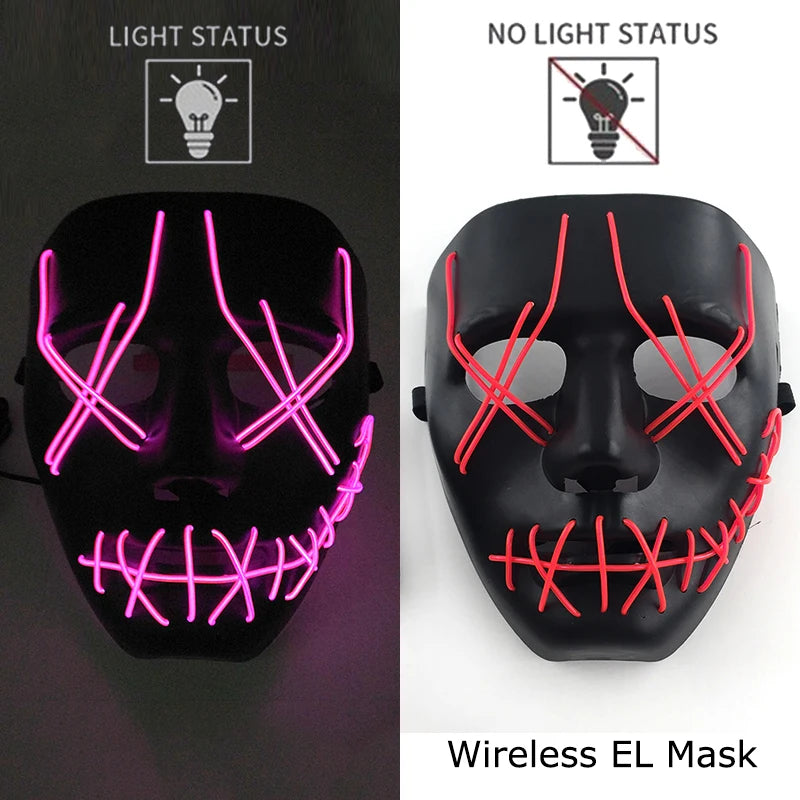 Wireless Neon LED Purge Mask – Glow in the Dark Horror Cosplay Mask for Halloween and Party Dress-Up