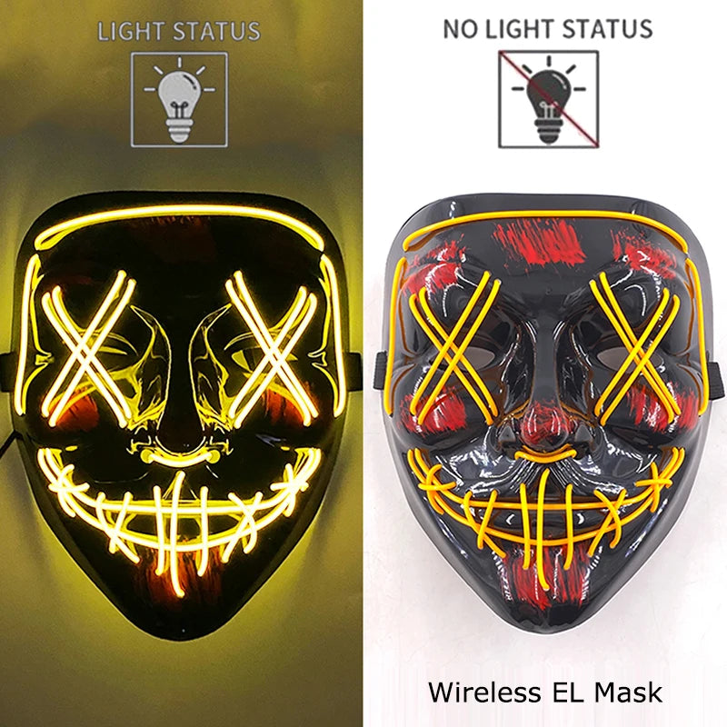 Wireless Neon LED Purge Mask – Glow in the Dark Horror Cosplay Mask for Halloween and Party Dress-Up