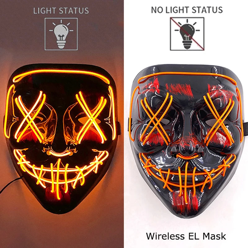Wireless Neon LED Purge Mask – Glow in the Dark Horror Cosplay Mask for Halloween and Party Dress-Up