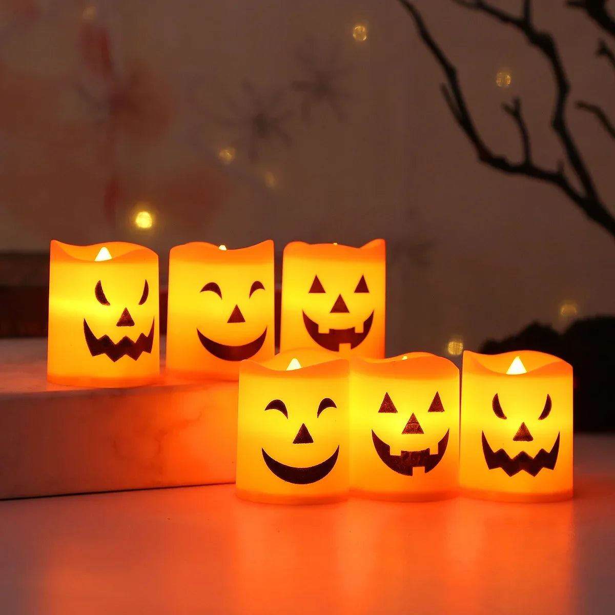 6PCS Halloween LED Candle Lights – Battery Powered Pumpkin, Skull, and Ghost Decorative Lights for Party and Home Décor