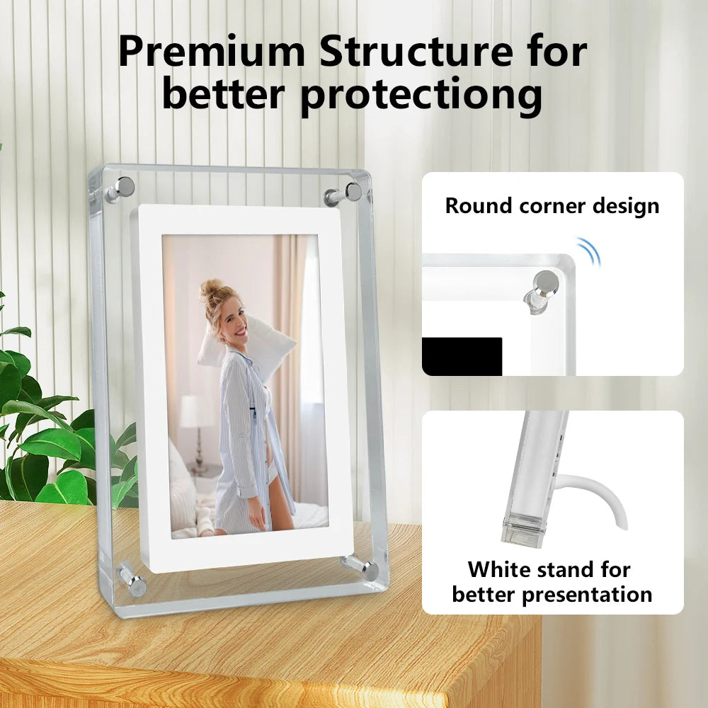 Acrylic Digital Photo Frame – 5 Inch IPS Display, Built-In Battery, 4GB Memory | Portable Digital Picture Frame