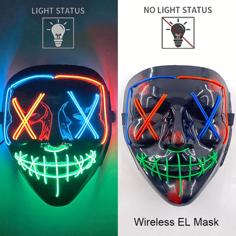 Wireless Neon LED Purge Mask – Glow in the Dark Horror Cosplay Mask for Halloween and Party Dress-Up