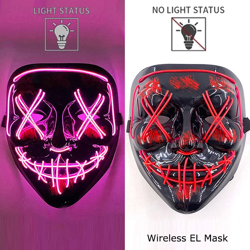 Wireless Neon LED Purge Mask – Glow in the Dark Horror Cosplay Mask for Halloween and Party Dress-Up