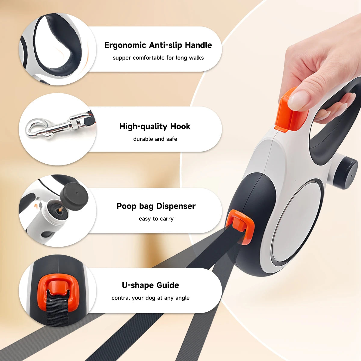 26ft Retractable Dog Leash – Extra Long Walking Leash with Built-In Waste Bag Holder for Comfortable, Safe Dog Walks