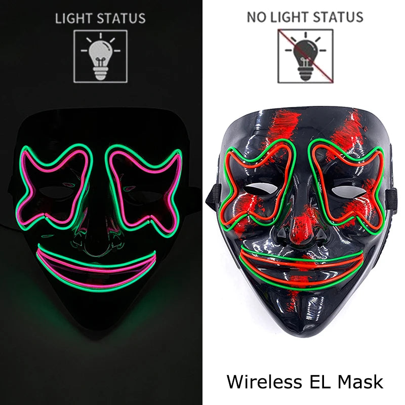 Wireless Neon LED Purge Mask – Glow in the Dark Horror Cosplay Mask for Halloween and Party Dress-Up