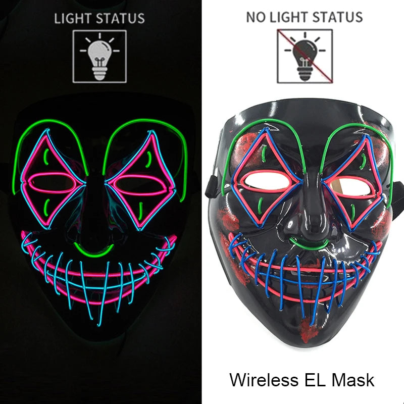 Wireless Neon LED Purge Mask – Glow in the Dark Horror Cosplay Mask for Halloween and Party Dress-Up