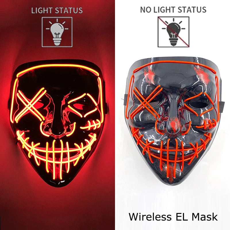 Wireless Neon LED Purge Mask – Glow in the Dark Horror Cosplay Mask for Halloween and Party Dress-Up