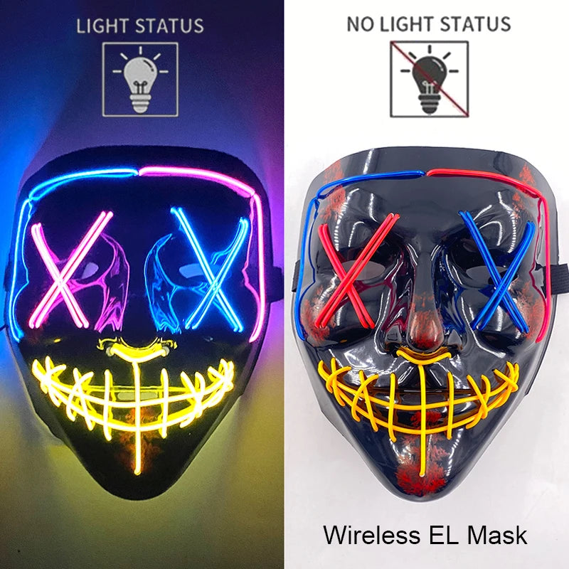 Wireless Neon LED Purge Mask – Glow in the Dark Horror Cosplay Mask for Halloween and Party Dress-Up